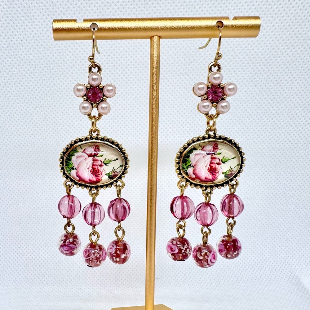 Pink & Gold Rose Garden Floral Cameo Vintage Inspired Tea Party Earrings - New